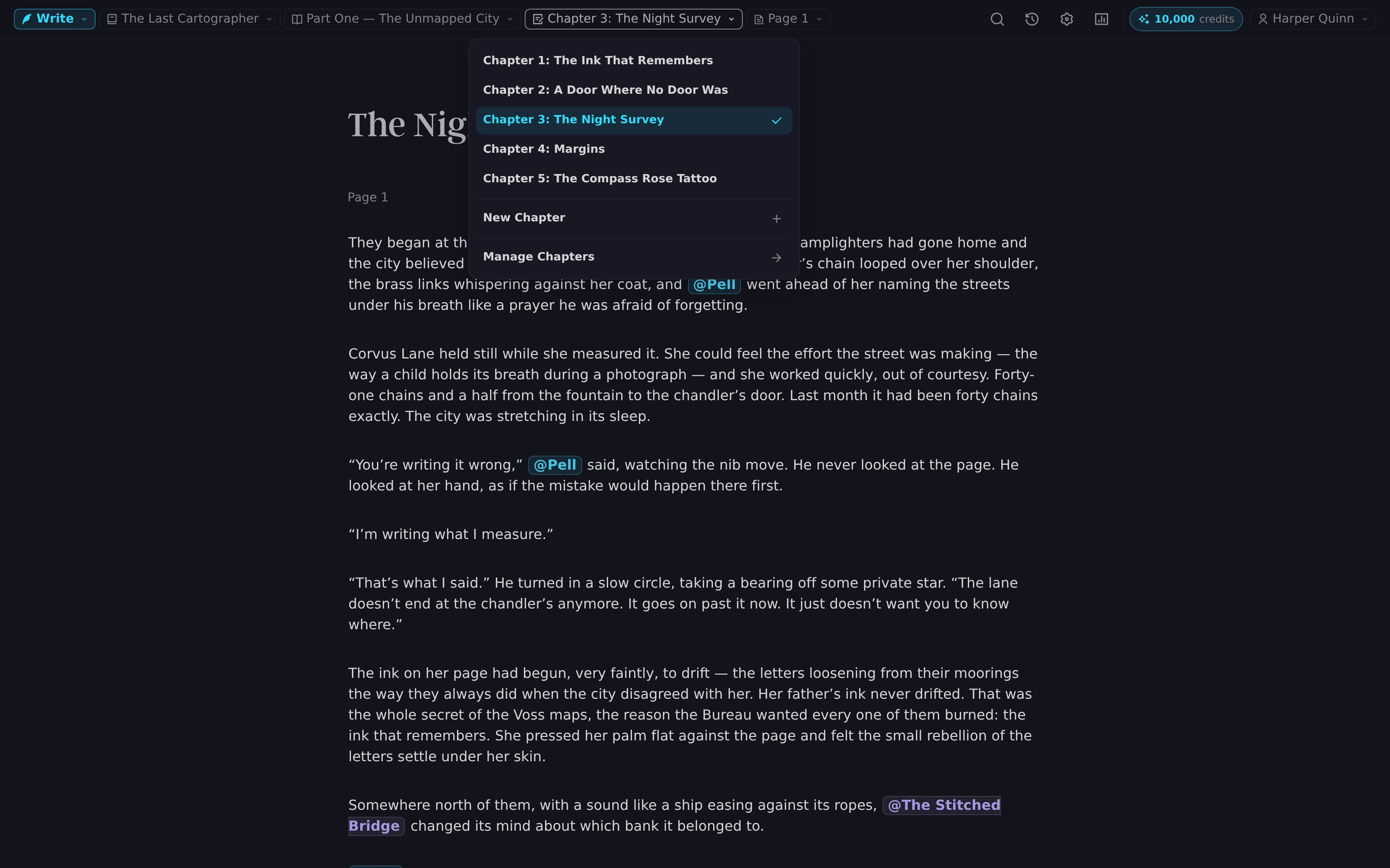 The chapter navigator open over the manuscript, listing chapters with a New Chapter action