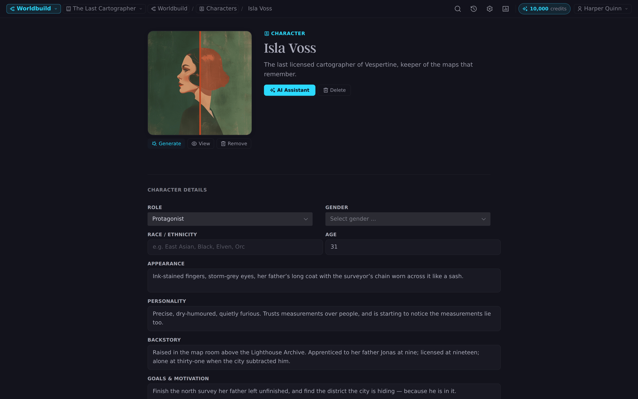 A character profile with role, age, appearance, personality, backstory, and goals