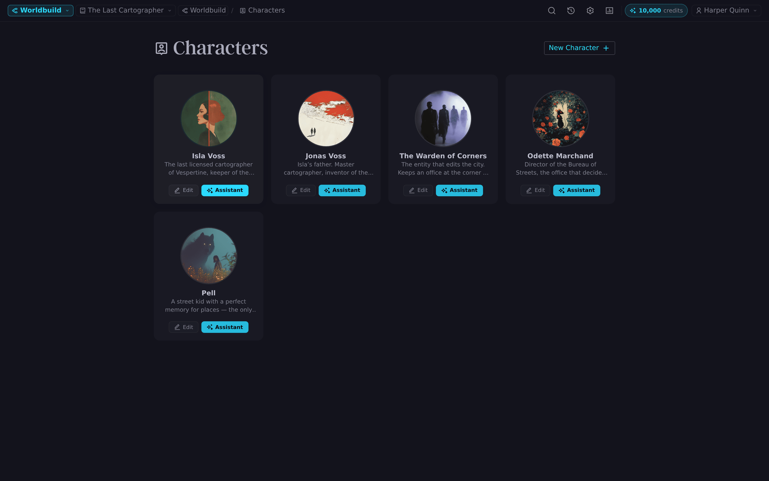 The Characters gallery in the Worldbuild planner, with portraits for every character