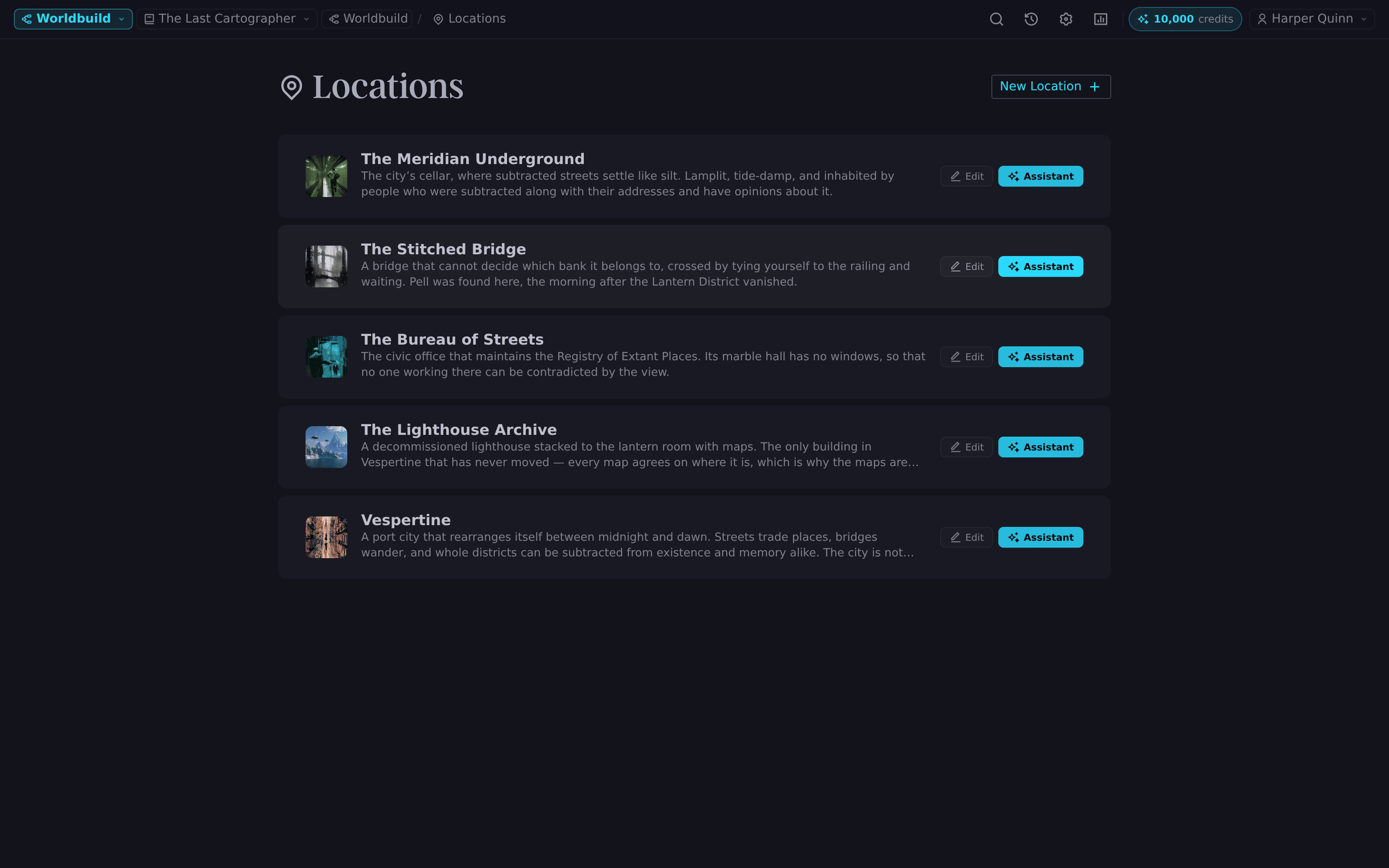 The Locations list in the Worldbuild planner, each with imagery and description