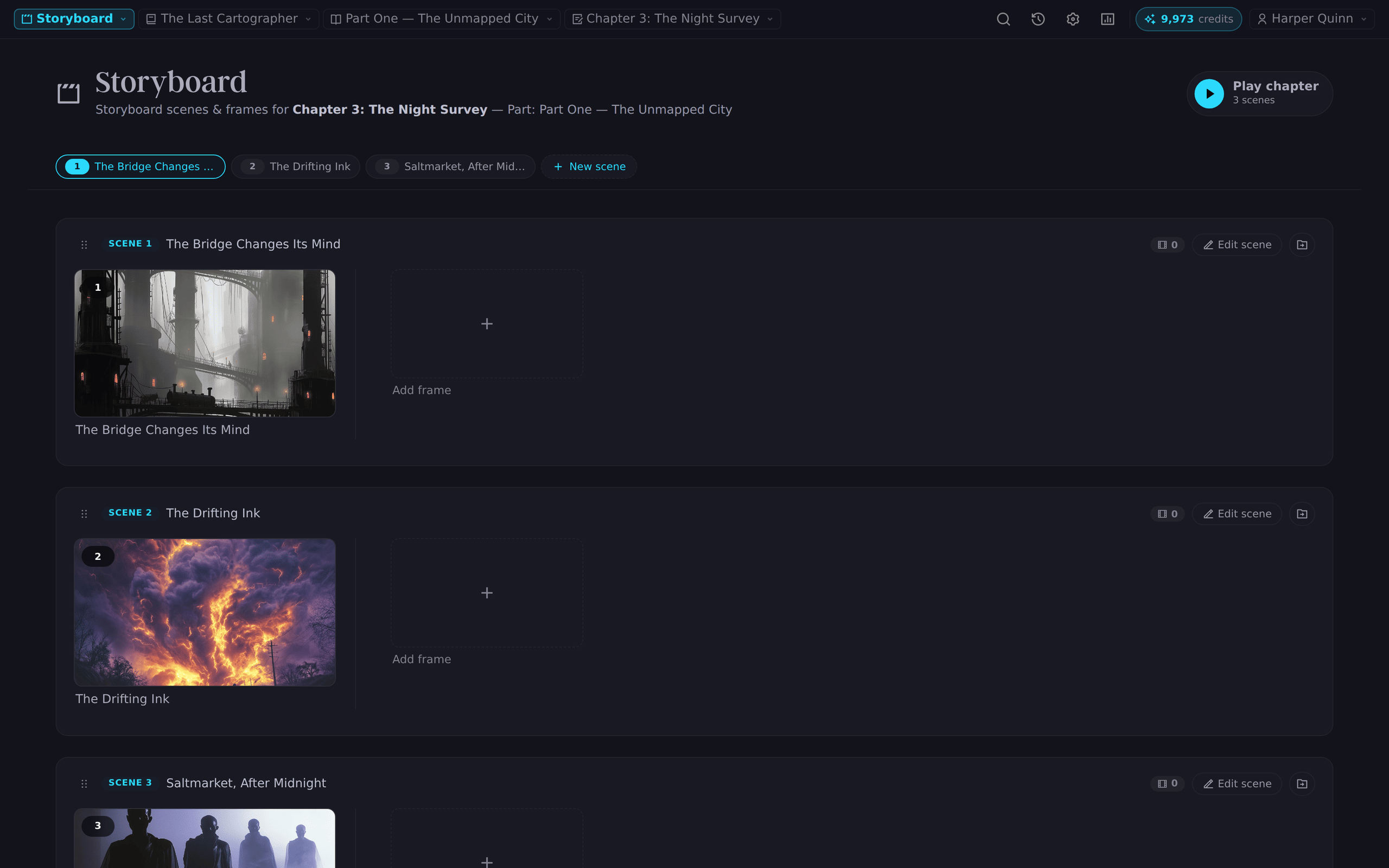 A manuscript and storyboard becoming a cinematic AI video sequence in Novelest Director Mode